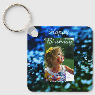 Porte-clés Parties scintillant bleu vert photo anniversaire d