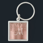Porte-clés Parties scintillant Chic Rose à goutte d'or brossé<br><div class="desc">Ce porte - clé chic est doté d'un grand monogramme clair clair avec votre nom dans un script moderne pour personnaliser sur un arrière - plan de rose or brossé texture métallique accentué par une bordure de parties scintillant métallique goutte à goutte. Un cadeau féminin unique pour 16 ans, fêtes...</div>