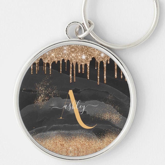 Porte-clés Parties scintillant de goutte d'or Monogramme méta (Devant)