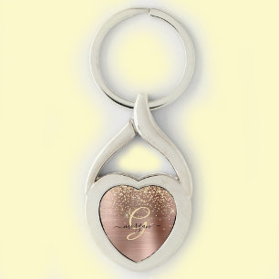 Porte-clés Parties scintillant d'or, Monogramme d'or, Nom de 