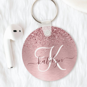 Porte-clés Parties scintillant en métal brossé rose pâle Nom