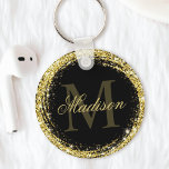 Porte-clés Parties scintillant en or noir glamour Nom du mono<br><div class="desc">Personnalisez facilement cette parties scintillant dorée de luxe encadrée porte - clé avec votre nom personnalisé et monogramme.</div>