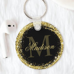 Porte-clés Parties scintillant en or noir glamour Nom du mono<br><div class="desc">Personnalisez facilement cette parties scintillant dorée de luxe encadrée porte - clé avec votre nom personnalisé et monogramme.</div>