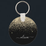Porte-clés Parties scintillant Noir Or Script Monogramme Nom<br><div class="desc">Parties scintillant à étincelle noire et or Script Monogramme Nom Clés (Porte - clé). Cela rend le cadeau parfait pour 16 ans,  mariage,  douche nuptiale,  anniversaire,  baby shower ou bachelorette pour quelqu'un qui aime le luxe glam et les styles chic.</div>