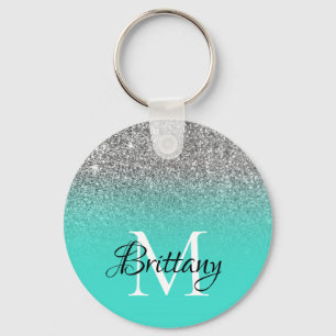 Porte-clés Parties scintillant Turquoise Argent Ombre Monogra