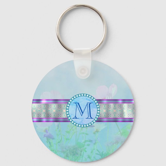 Porte-clés Pastel Blue Floral Monogramme (Recto)