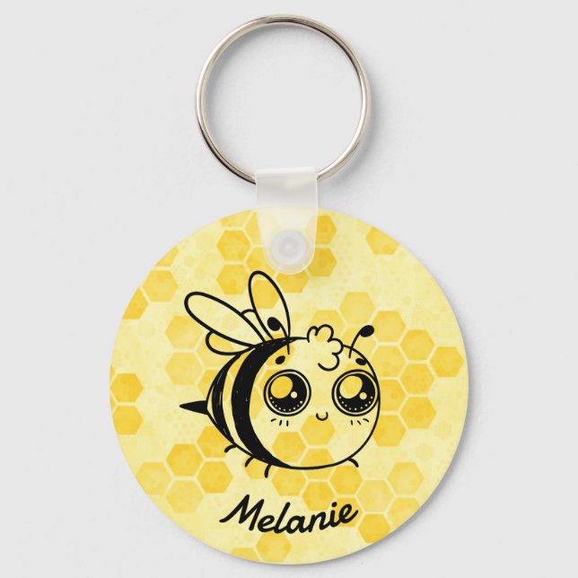 Porte-clés Pastel Yellow Honeycomb and Cute Bee Personalised (Recto)
