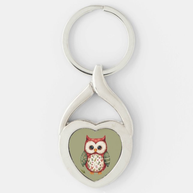 Porte-clés Patchwork de style folk art représentant un hibou  (Devant)