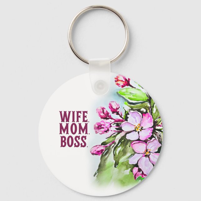 Porte-clés Patron maman femme, Fleurs roses (Recto)