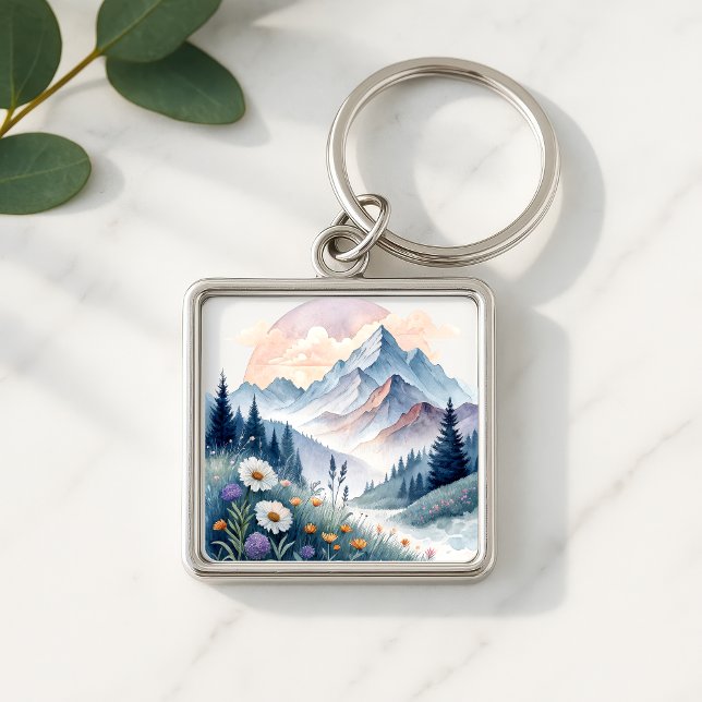 Porte-clés Paysage alpin aquarelle avec Fleur sauvage (Créateur téléchargé)