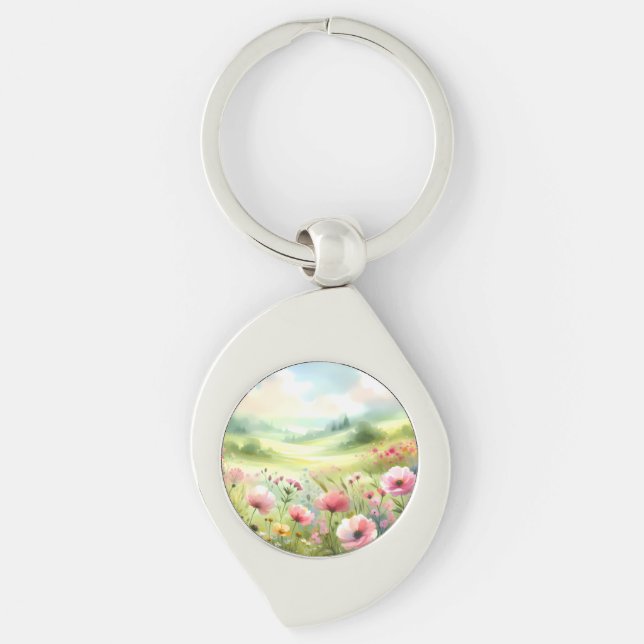 Porte-clés Paysage de prairie fleurie pastel (Devant)