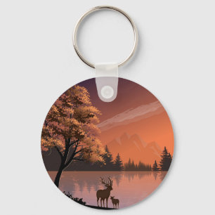 Porte-clés Paysage du lever du soleil avec lac et Deers-51207