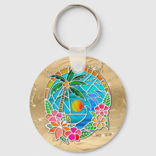 Porte-clés Paysage estival de palmier océanique aqua et or