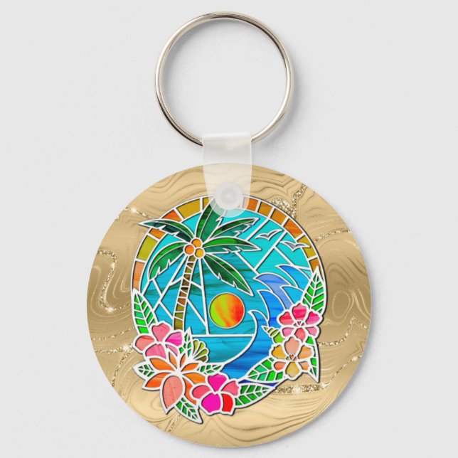 Porte-clés Paysage estival de palmier océanique aqua et or (Recto)