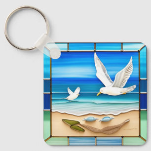 Porte-clés Paysage marin en verre coloré circulaire avec moue