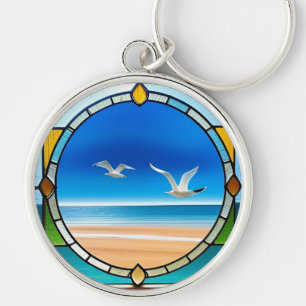 Porte-clés Paysage marin en verre coloré circulaire avec moue