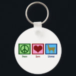 Porte-clés Peace Love Llamas<br><div class="desc">Un signe de paix,  un coeur,  et une jolie lama.</div>