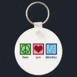 Porte-clés Peace Love Midwifery mignonne sage-femme<br><div class="desc">Peace Love Midwifery. Ce beau cadeau de sages-femmes comporte un joli signe de paix,  le coeur,  et maman aimante tenant son nouveau bébé après l'accouchement naturel. Une sage-femme cool présente.</div>