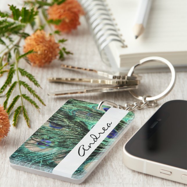 Porte-clés Peacock, Paon, Peacock Tail, Votre Nom (Devant droit)