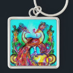 Porte-clés PEACOCKS IN LOVE MONOGRAM rouge bleu turquase vert<br><div class="desc">Design élégant et élégant. Aquarelle avec feuille d'or et d'argent.</div>