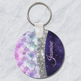 Porte-clés Peau de sirène violet argent faux strass monogramm