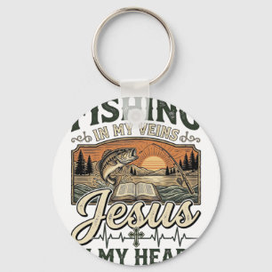 Porte-clés Pêche dans mes veines Jésus dans mon cœur Vintage
