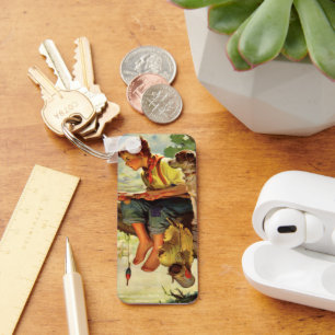 Porte-clés Pêche Vintage, Garçon avec son chiot et vers