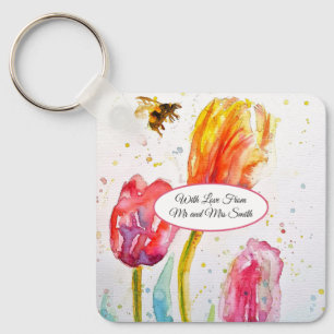 Porte-clés Peinture aquarelle de mariage tulipe rouge rose et