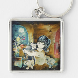 Porte-clés Peinture artistique en soie de Dame aux chats