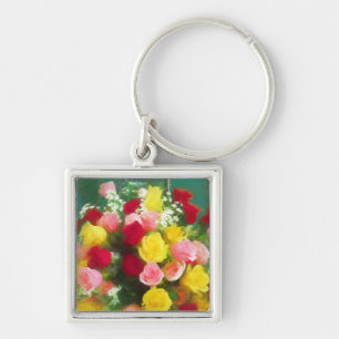Porte-clés Peinture Bouquet Rose - Jolie Art Fleur Originale