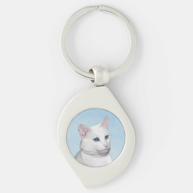 Porte-clés Peinture de chat blanc - Cute Original Cat Art (Devant)