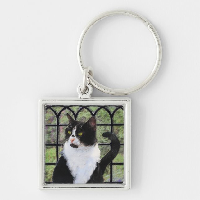 Porte-clés Peinture de chat Tuxedo - Cute Original Cat Art (Devant)