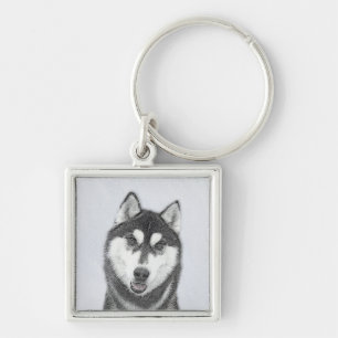 Porte-clés Peinture de chien Husky sibérien (noir et blanc) A