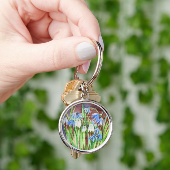 Porte-clés Peinture de fleurs de printemps bleu de la Sibérie (main)