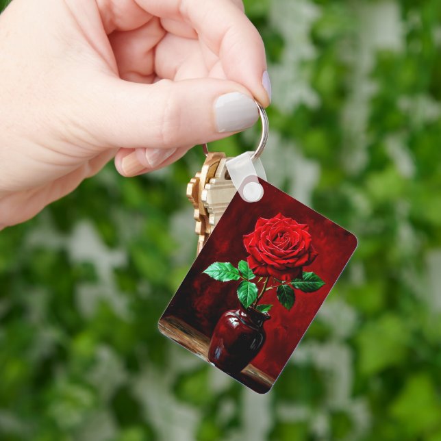 Porte-clés Peinture de fleurs de rose rouge  (main)