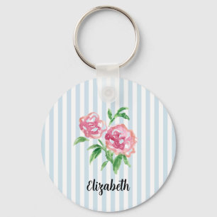 Porte-clés Peinture de pivoines roses avec nom personnalisé r