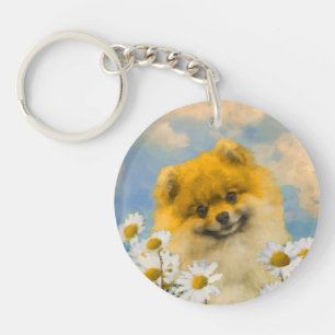 Porte-clés Peinture de Pomeranian dans les Pâquerettes - Art