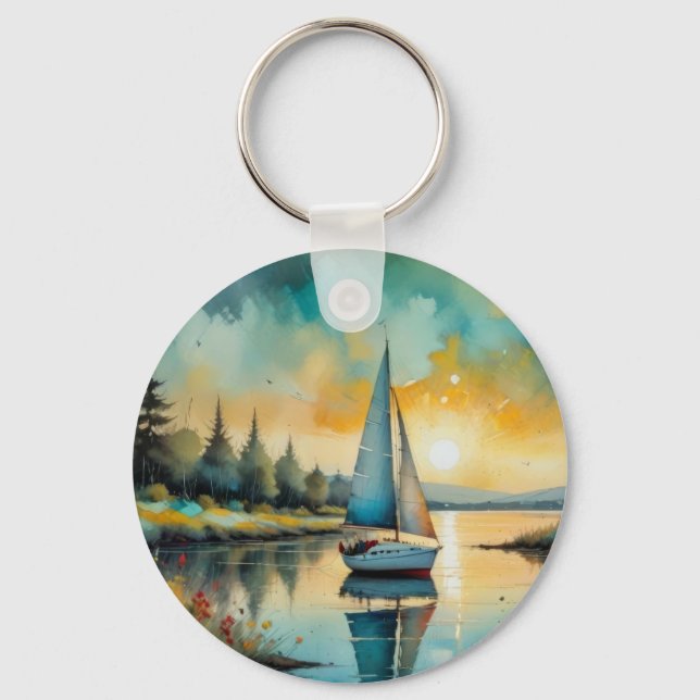 Porte-clés peinture de voilier au coucher du soleil (Recto)