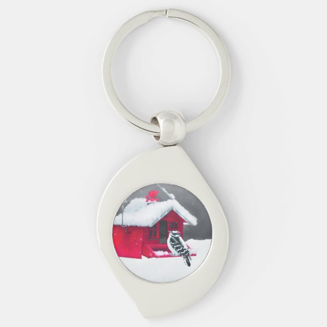Porte-clés Peinture Downy Woodpecker - Art original pour oise (Devant)