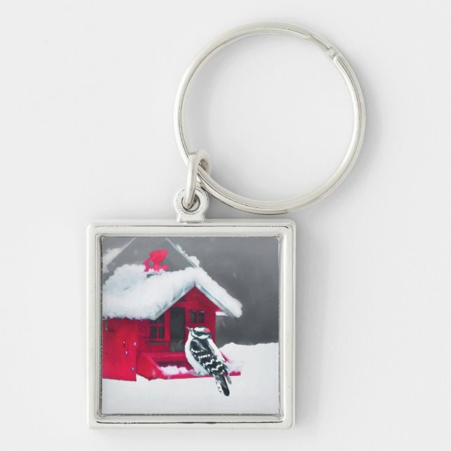 Porte-clés Peinture Downy Woodpecker - Art original pour oise (Devant)