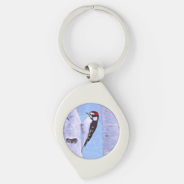 Porte-clés Peinture Downy Woodpecker - Art original pour oise (Devant)