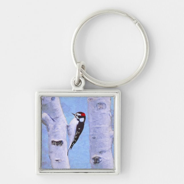 Porte-clés Peinture Downy Woodpecker - Art original pour oise (Devant)