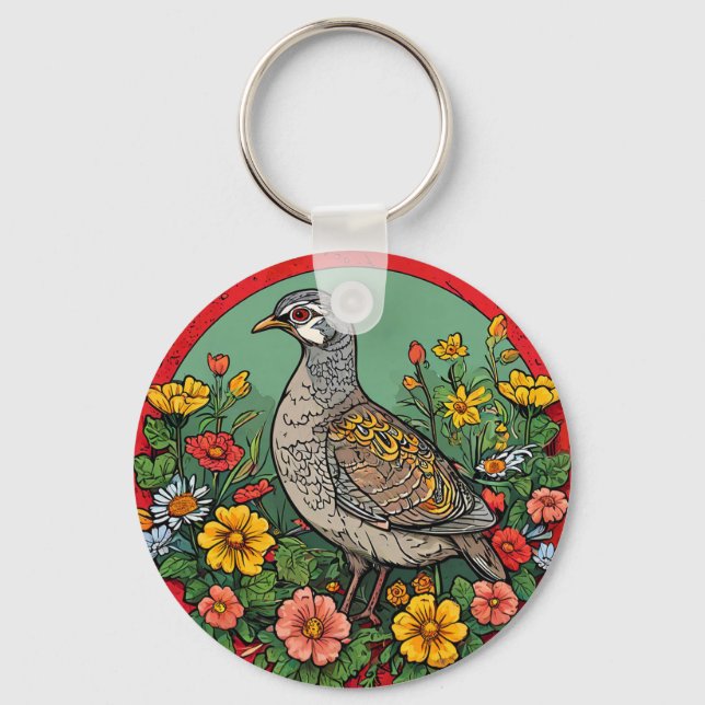 Porte-clés Perdrix grise oiseau coloré (Recto)