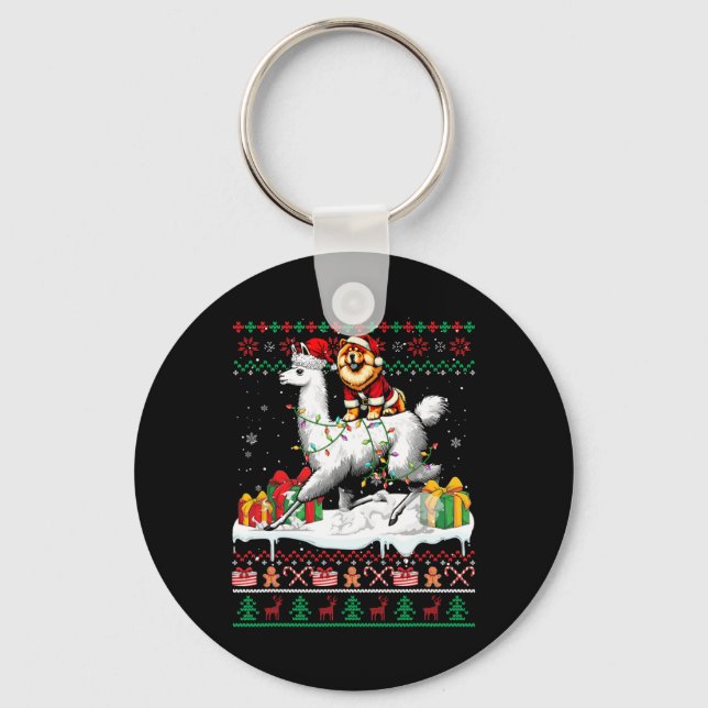 Porte-clés Père Noël Chow Chow Riding Llama Sweater Lov (Recto)