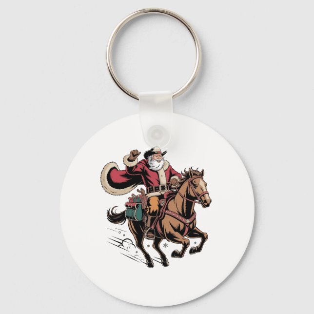 Porte-clés Père Noël cow-boy à cheval Noël  (Recto)