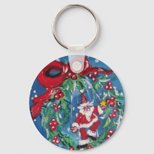 PORTE-CLÉS PÈRE NOËL ET NOËL COURONNE DE NUIT AVEC RIBBON ROU (Recto)