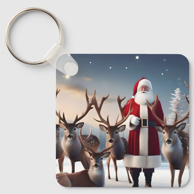 Porte-clés Père Noël Posant Avec Ses Rennes, (Recto)