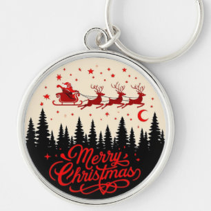 Porte-clés Père Noël Sleigh Joyeux Noël Forêt Scène Art"