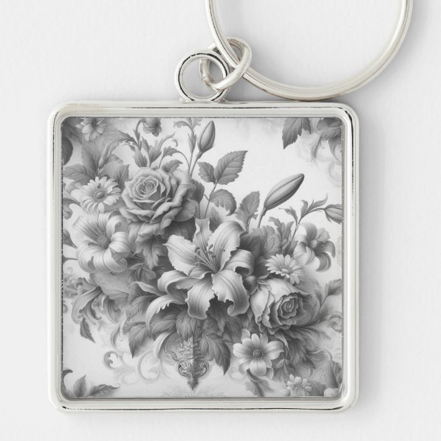 Porte-clés Perfection florale noire et blanche (Devant)