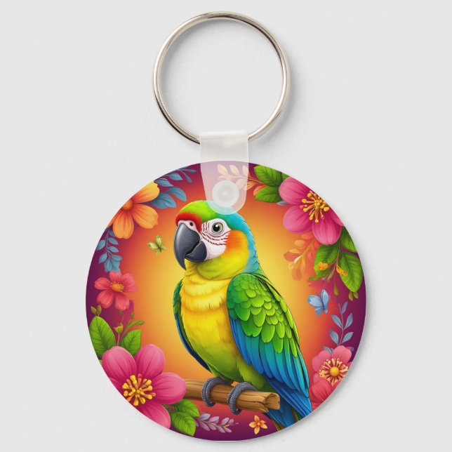 Porte-clés Perroquet vibrant perché sur une branche (Recto)